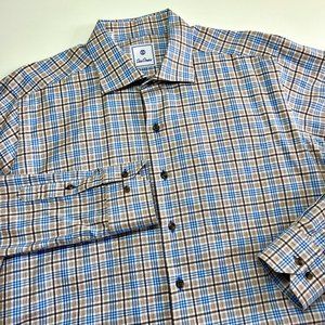 XL Men's David Donahue shirt in classic blue and brown / tan plaid pattern